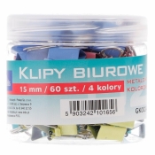 Klipy biurowe Tetis 15mm, 60 szt. - kolorowe (GK002-A)