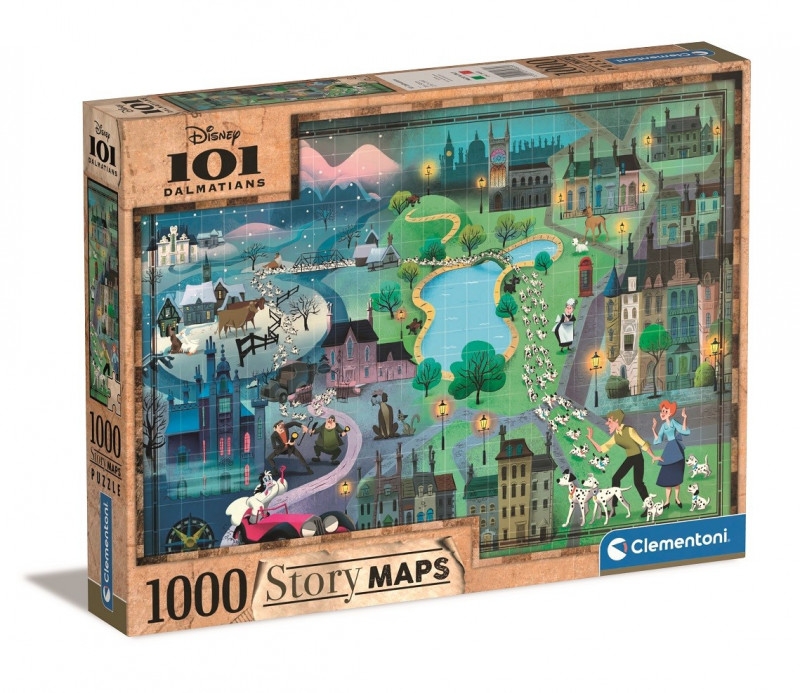 Clementoni, Puzzle Story Maps, 101 Dalmatyńczyków - 1000 elementów (Uszkodzone opakowanie)