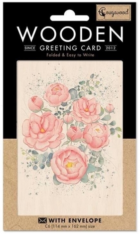 Karnet drewniany C6 + koperta Różowe piwonie