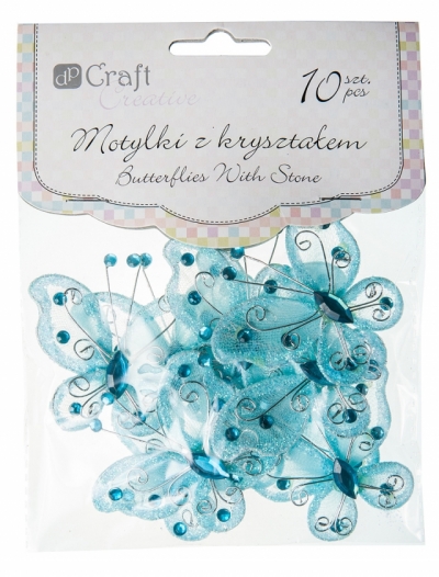 Motylki z kryształem 5 cm, 10 szt Blue