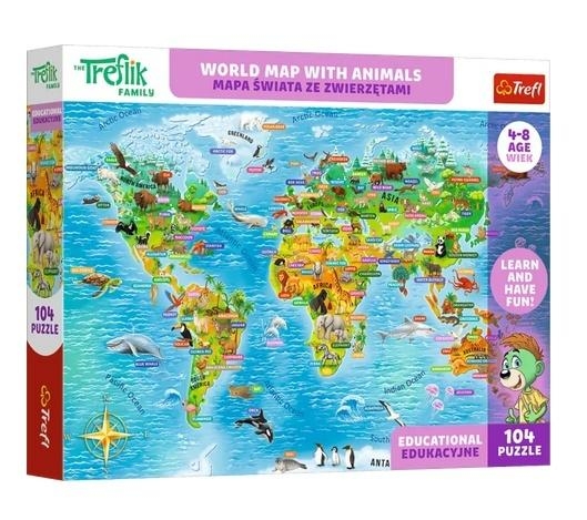 <img src='https://webimage.pl/pics/677/6/d5900511156010.jpg' style='height:440px' /> Puzzle 104 Trefliki Mapa świata Zwierzęta TREFL