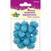 Pompony brokatowe, 15 szt. - niebieski jasny (338527)