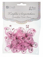 Motylki z kryształem 5 cm 10 szt, Pink