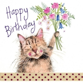 Karnet Urodziny S162 Kot z bukietem