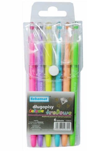 Długopis żelowy, jednorazowy, kredowy z nasadką diamentową, grubość pisania: 0,8mm, 6 kolorów w etui.