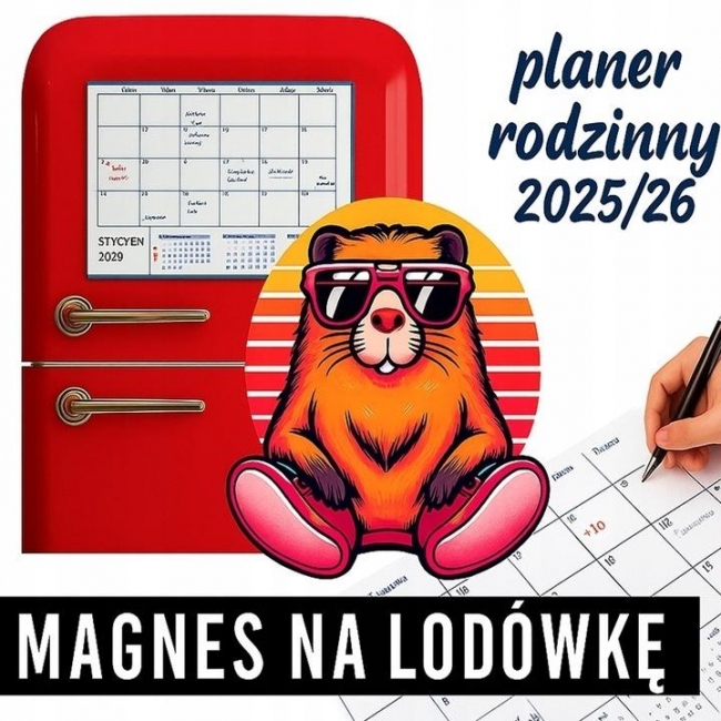 <img src='https://webimage.pl/pics/703/0/d5901421110703.jpg' style='height:440px' /> Kalendarz 2025/26 planer rodzinny magnes Kapibara