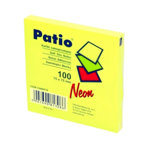 Notes samoprzylepny Patio, neonowy 75 x 75 mm, żółty (13086PTR)