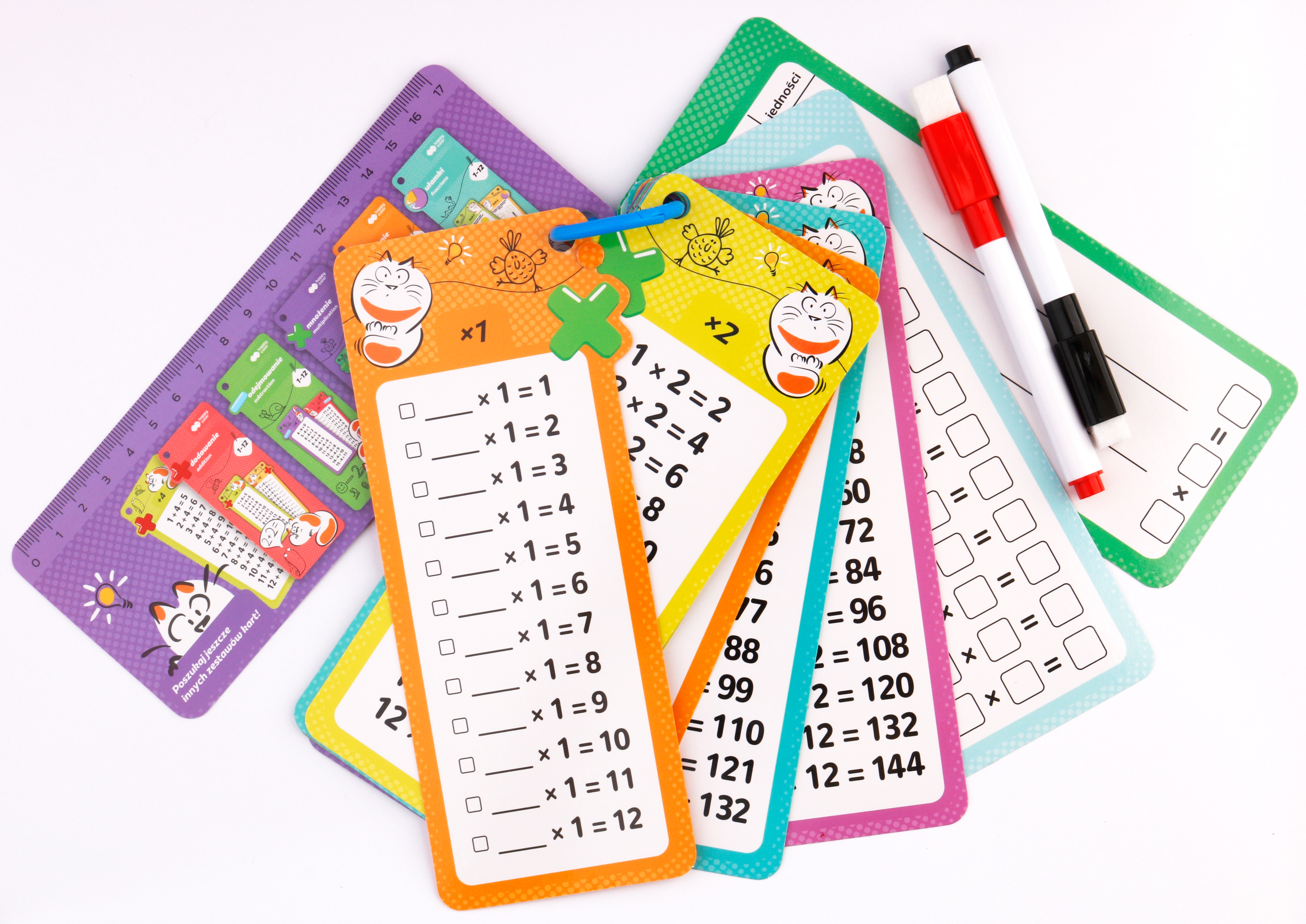 Karty edukacyjne – Mnożenie, 15 kart, 2 pisaki, Happy Color