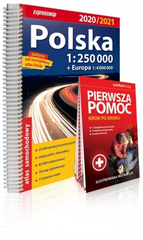 Polska atlas samochodowy 1:250 000 2020/2021 + instrukcja pierwszej pomocy