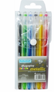 Długopis jednorazowy, żelowy, brokatowo-metaliczny z diamentową nasadką, grubość pisania: 1,0mm, 6 kolorów w etui
