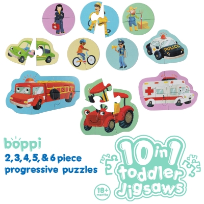 <img src='https://webimage.pl/pics/728/5/d5060459745728.jpg' style='height:440px' /> Puzzle progresywne Boppi 10w1 Pojazdy i zawody 30 elementów