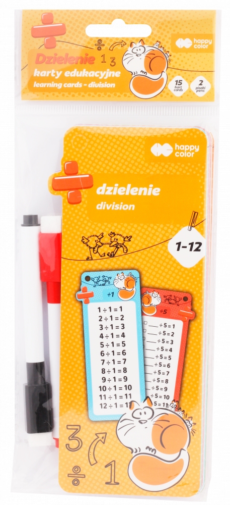 <img src='https://webimage.pl/pics/730/1/dHA-2621-0714-DZ15.png' style='height:440px' /> Karty edukacyjne – Dzielenie, 15 kart, 2 pisaki, Happy Color