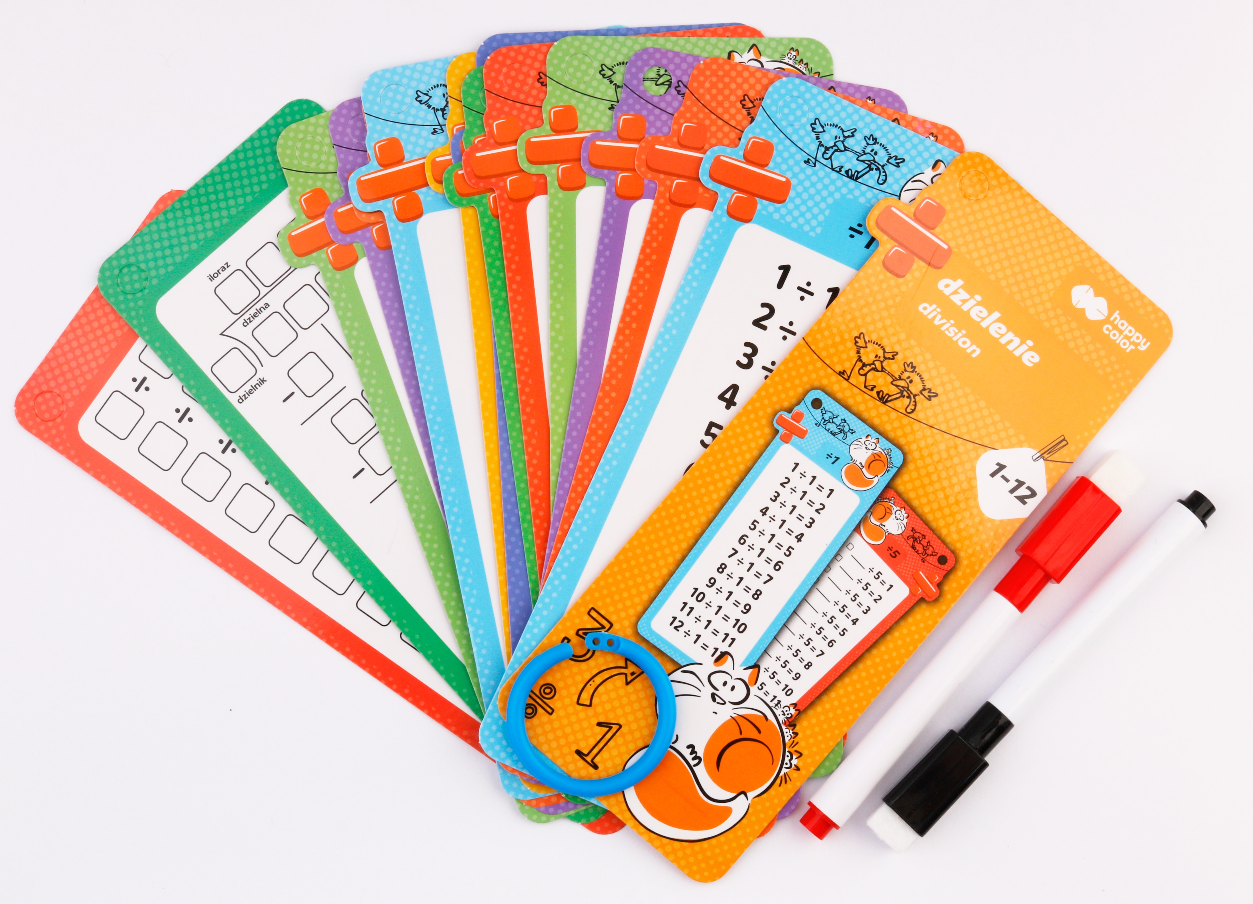 Karty edukacyjne – Dzielenie, 15 kart, 2 pisaki, Happy Color
