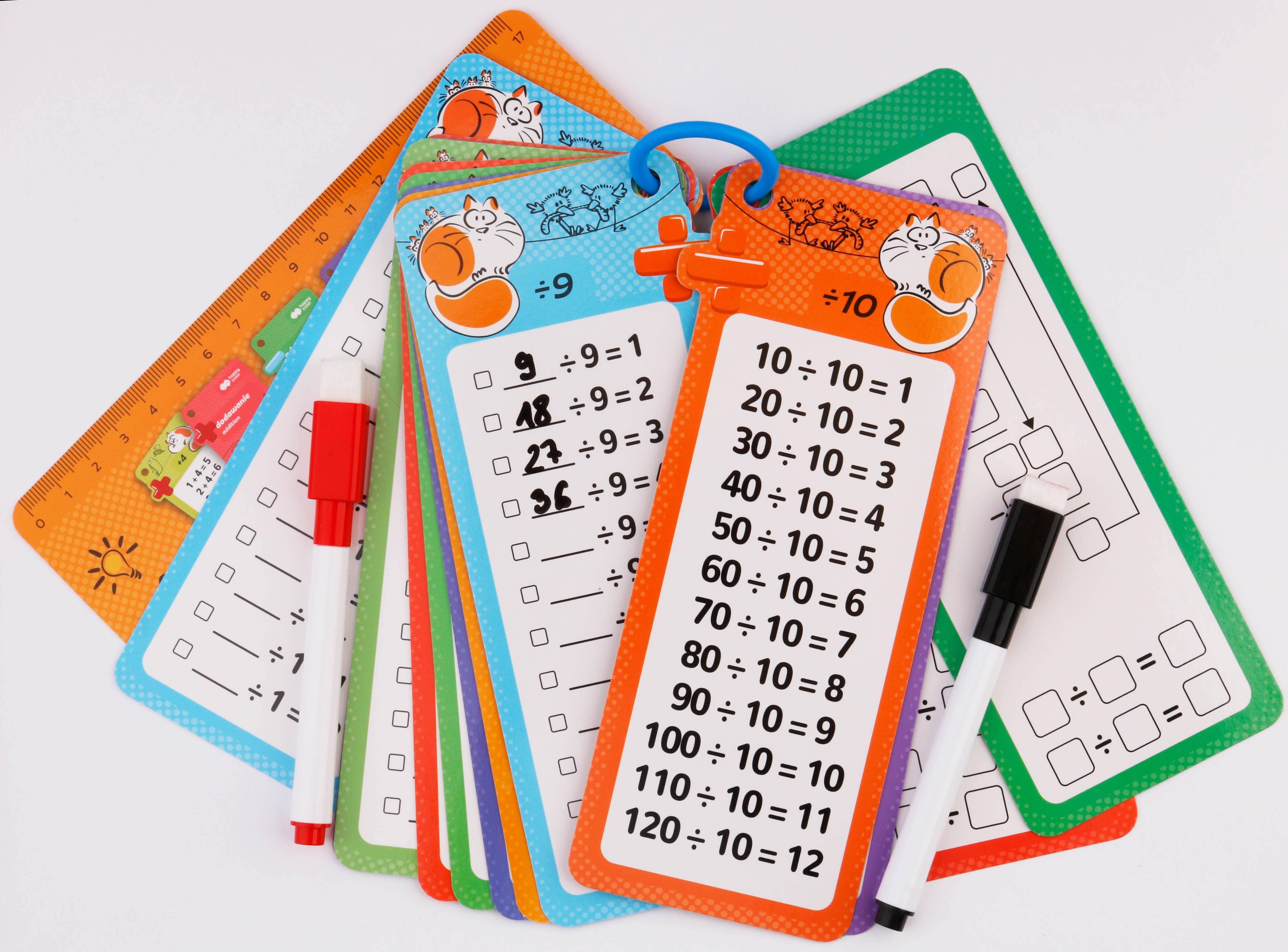 Karty edukacyjne – Dzielenie, 15 kart, 2 pisaki, Happy Color