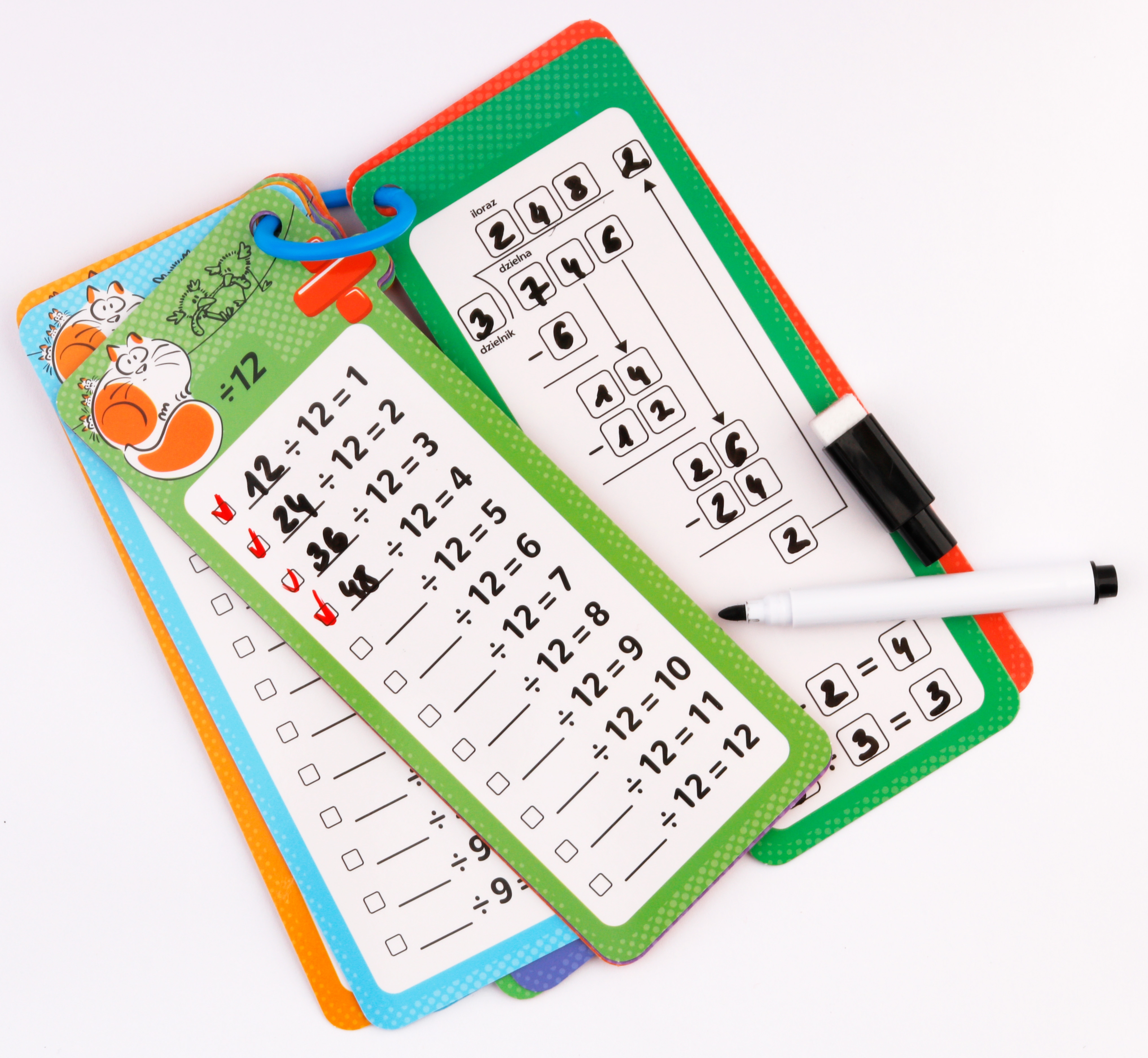 Karty edukacyjne – Dzielenie, 15 kart, 2 pisaki, Happy Color