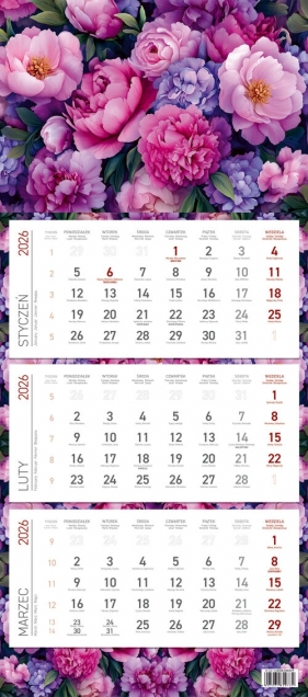 Kalendarz 2026 trójdzielny ekonomiczny KWIATY