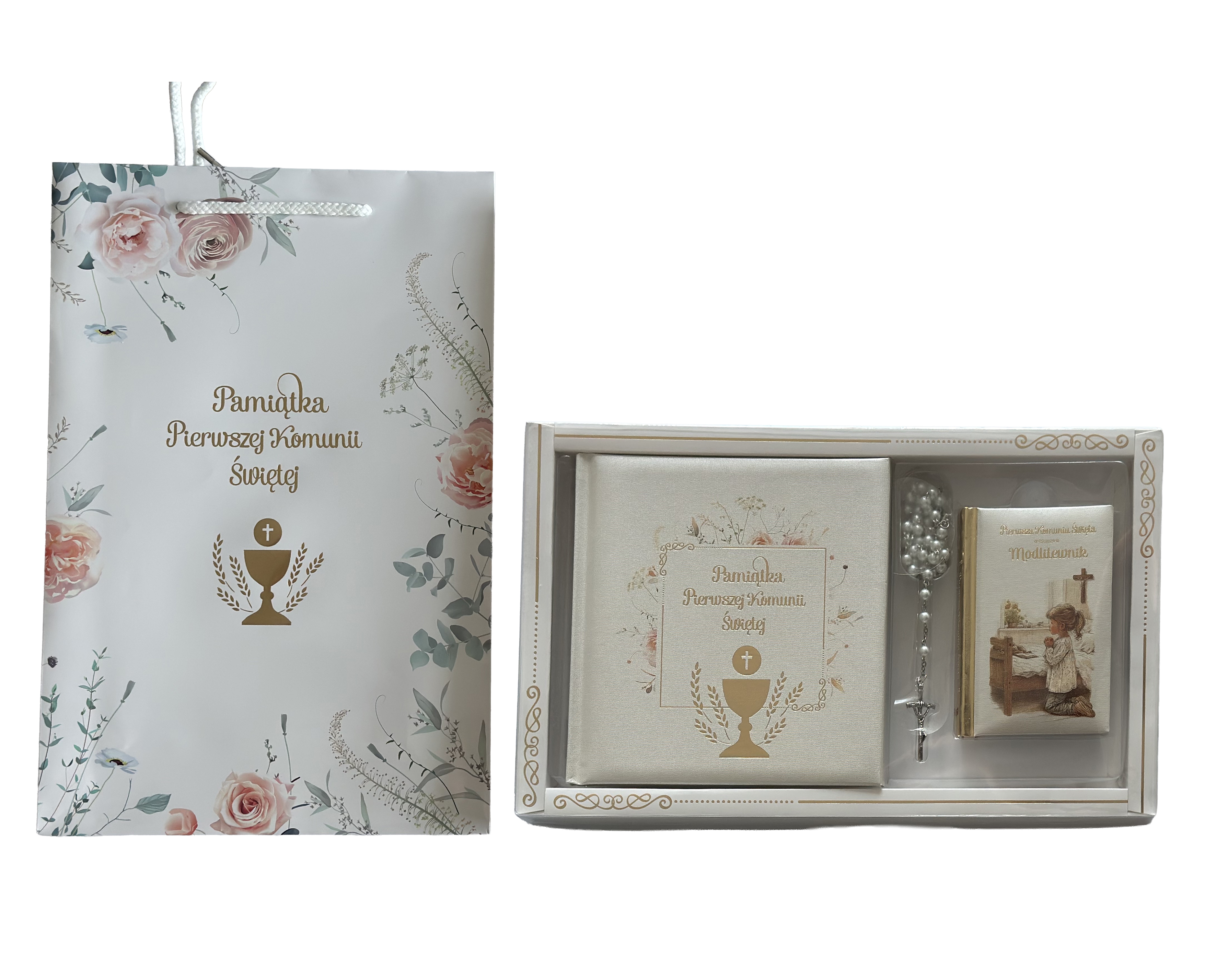 Modlitewnik i pamiątka Pierwszej Komunii Świętej w pudełku z prezentem (różańcem)