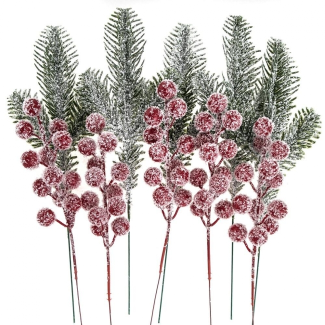 Szronione gałązki dekoracyjne z owocami 26cm 10szt