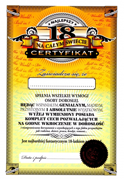 Certyfikat 18 urodziny dla mężczyzny .
