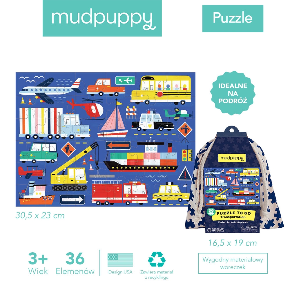 Mudpuppy, Puzzle podróżne w woreczku - Transport, 36 el.