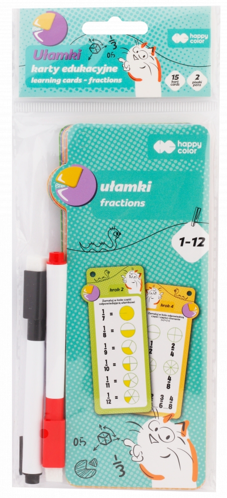 <img src='https://webimage.pl/pics/761/1/dHA-2621-0714-UL15.png' style='height:440px' /> Karty edukacyjne – Ułamki, 15 kart, 2 pisaki, Happy Color
