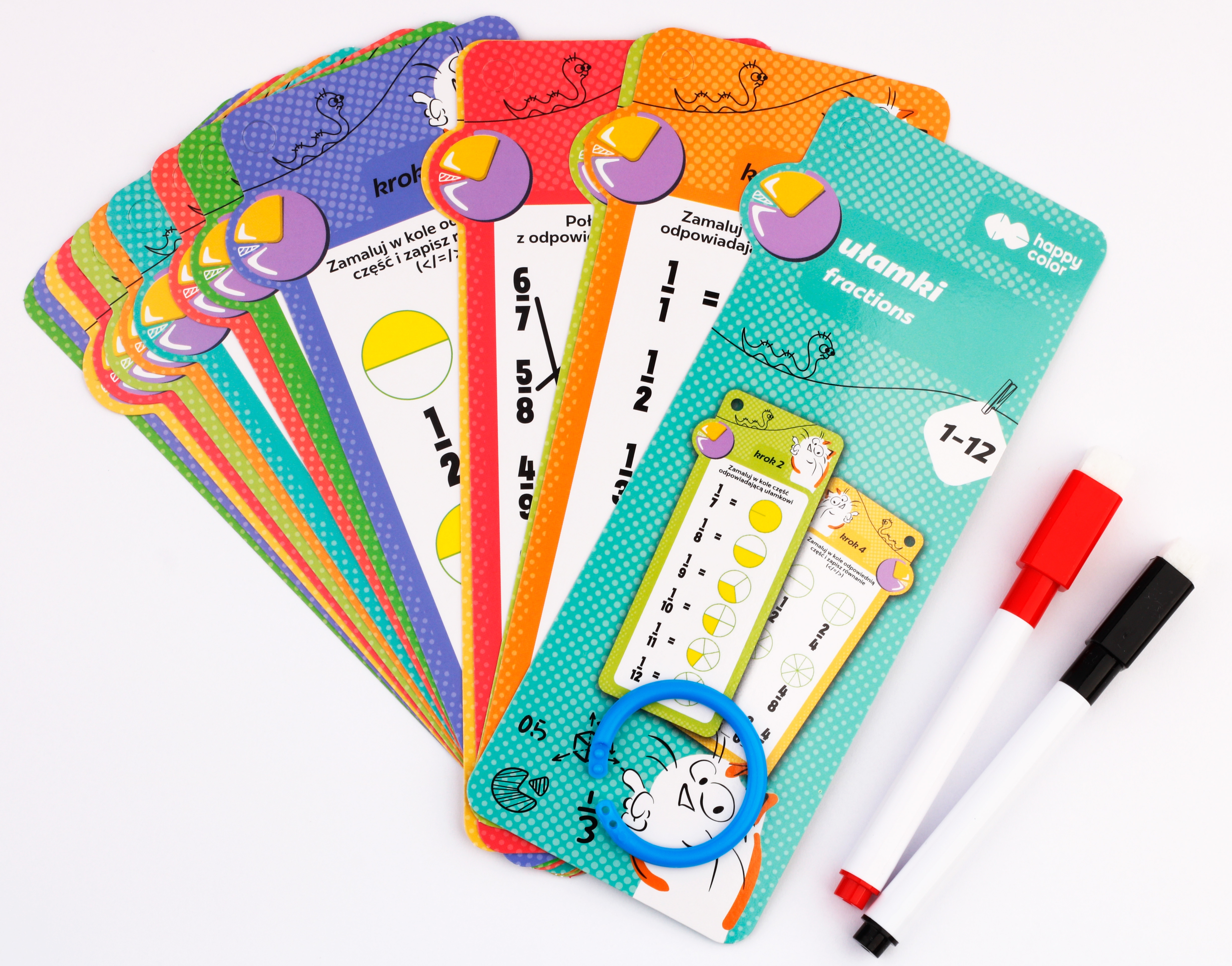 Karty edukacyjne – Ułamki, 15 kart, 2 pisaki, Happy Color