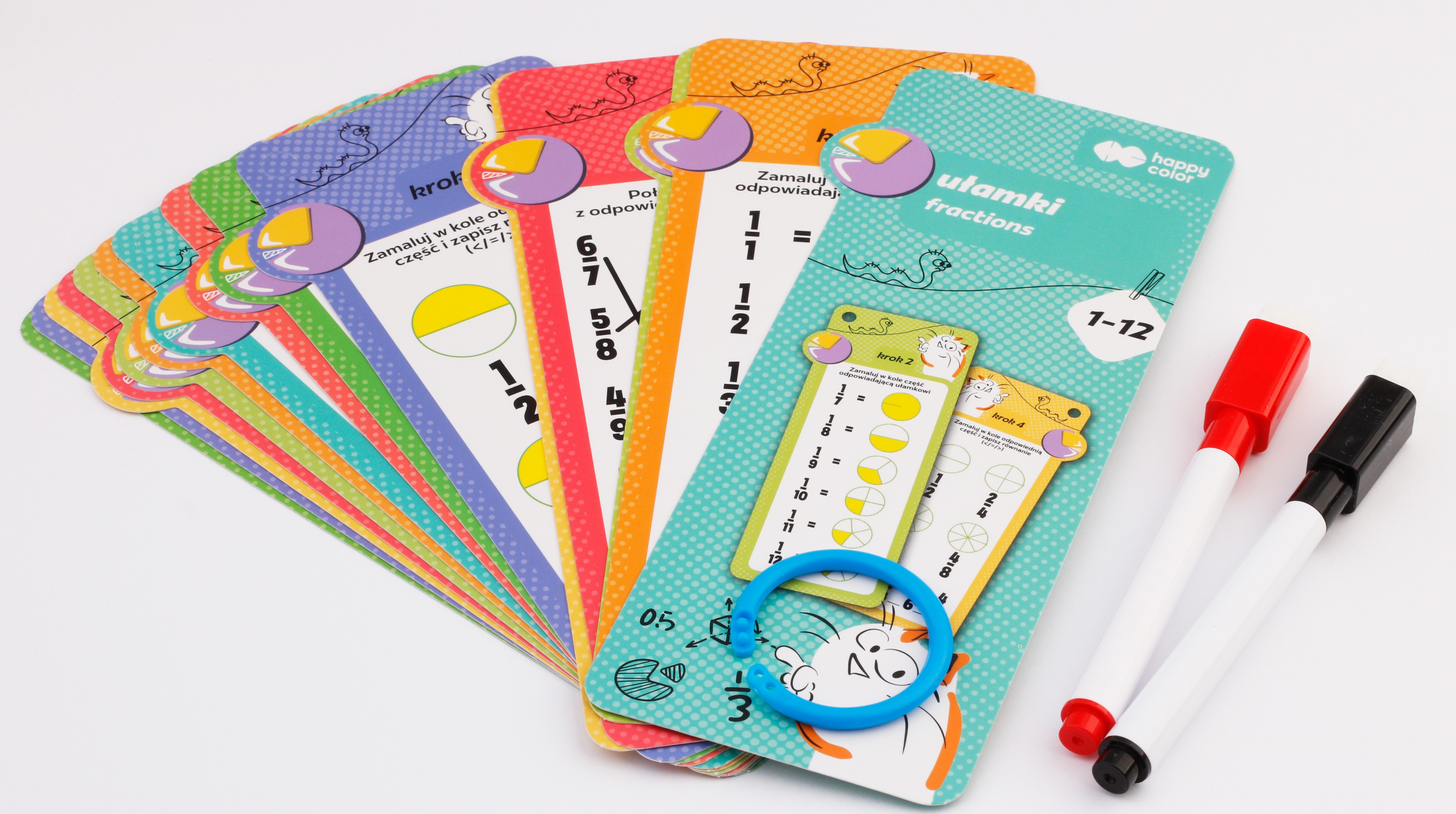 Karty edukacyjne – Ułamki, 15 kart, 2 pisaki, Happy Color