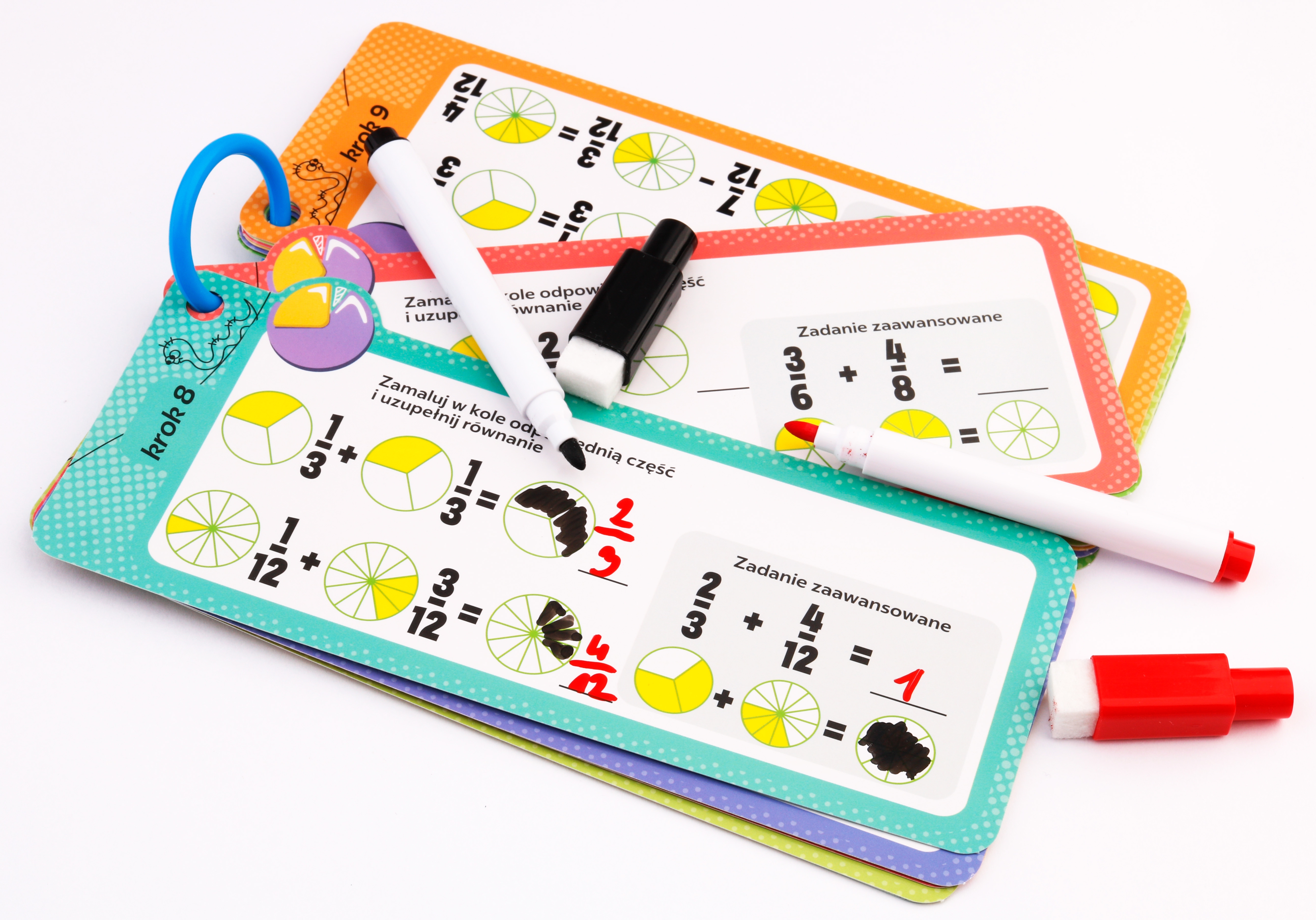 Karty edukacyjne – Ułamki, 15 kart, 2 pisaki, Happy Color