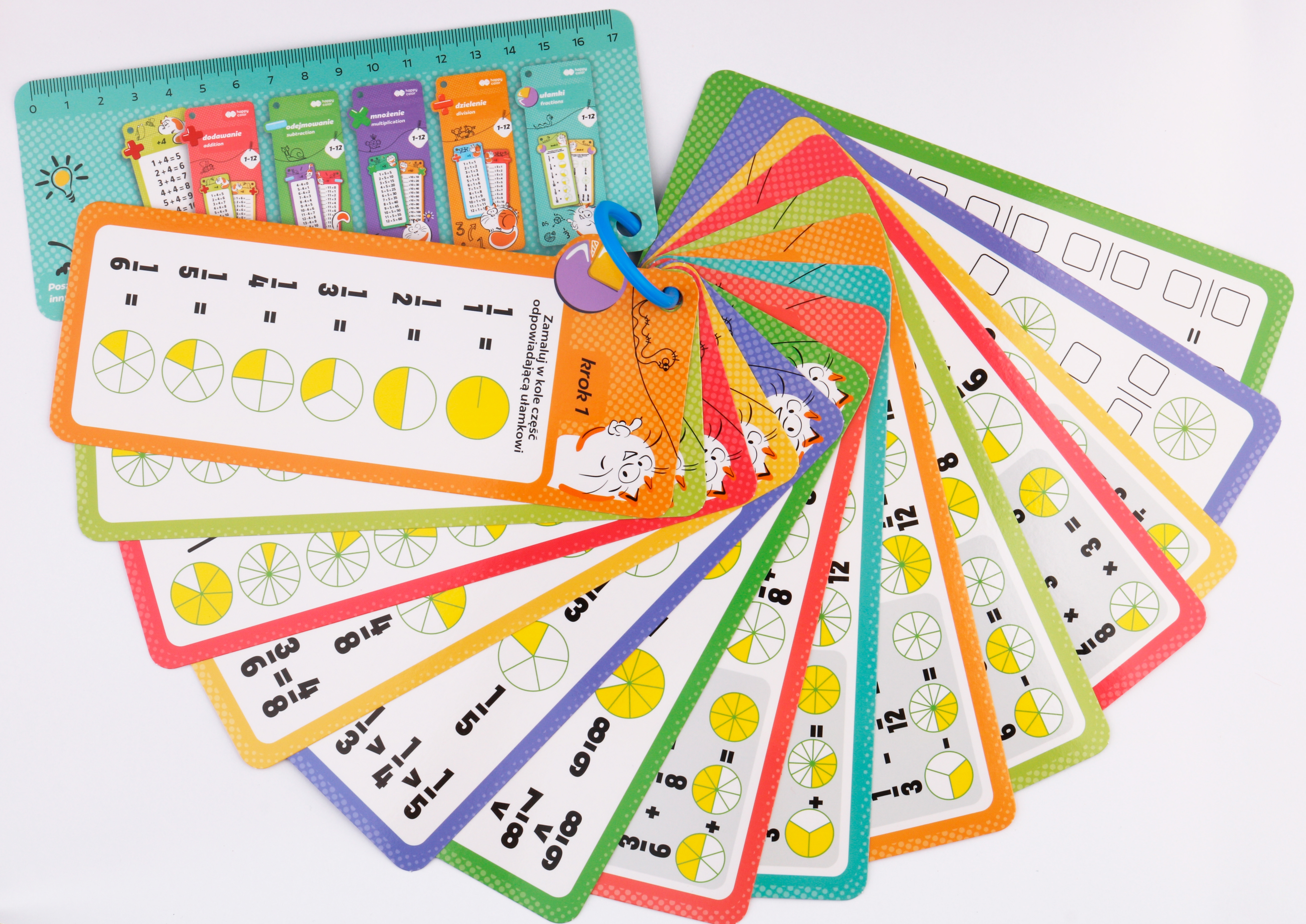 Karty edukacyjne – Ułamki, 15 kart, 2 pisaki, Happy Color