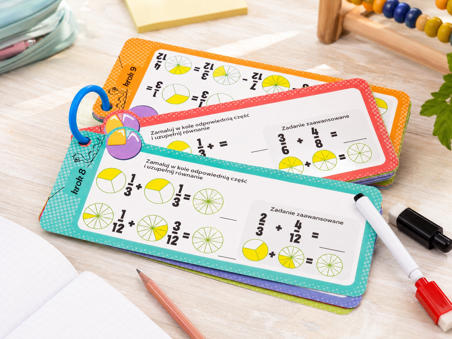 Karty edukacyjne – Ułamki, 15 kart, 2 pisaki, Happy Color