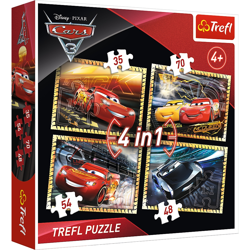 Trefl, Puzzle 4w1: Auta 3 - Gotowi do wyścigu (34276)