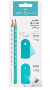 Zestaw Faber-Castell Sparkle Pearly&Sleeve turkusowy/biały. 2 x ołówek, temperówka, gumka