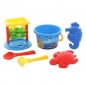 Zestaw nr 348 Młyn do piasku nr 2 z podstawką, sito średnie nr 2, wiaderko średnie z nalepką, szufelka nr 2, grabki nr 2, foremki (żółw + konik morski)