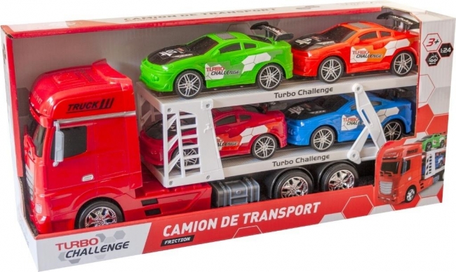 <img src='https://webimage.pl/pics/805/2/d3301040972805.jpg' style='height:440px' /> Samochód laweta + 4 pojazdy TURBO CHALLENGE