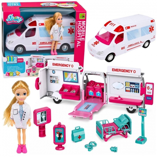 <img src='https://webimage.pl/pics/805/4/d5907990204805.jpg' style='height:440px' /> Rozkładany ambulans dla lalek szpital 11 el.