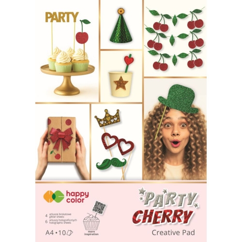 <img src='https://webimage.pl/pics/811/6/d59029790368111.png' style='height:440px' /> Blok Happy Color Party Cherry, A4/10 ark, holographic + brokat