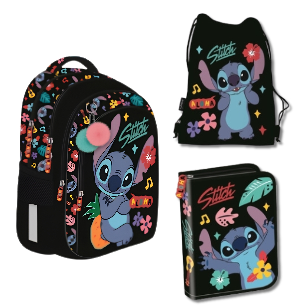 Zestaw szkolny Stitch Black Aloha. Plecak, piórnik bez wyposażenia i worek na obuwie