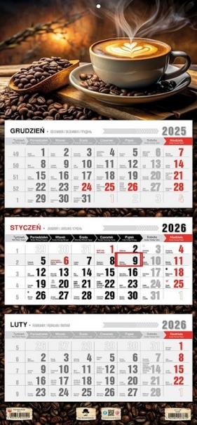 Kalendarz 2026 trójdzielny płaska główka - Kawa