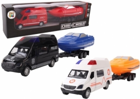 Samochód bus z łodzią na przyczepie metal mix