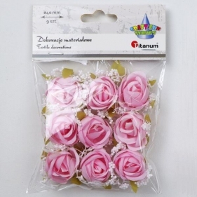 Dekoracje materiałowe róże 40mm różowe z gipsówką