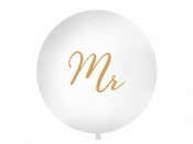 Balon gumowy Partydeco o średnicy ok. 1 m, biały pastelowy ze złotym nadrukiem Mr (OLBON12D-008-019)