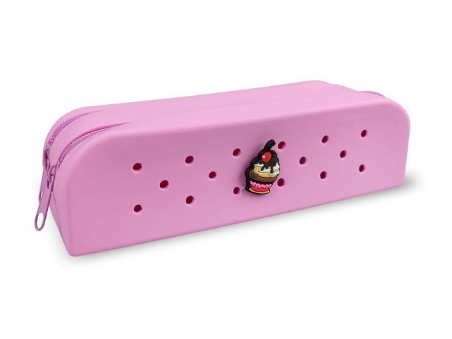 Piórnik silikonowy podwójny różowy + przypinka