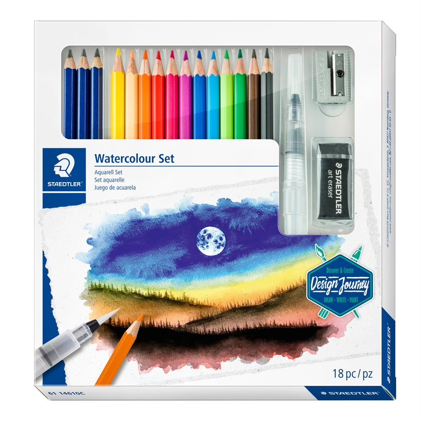 Zestaw Design Journey: kredki akwarelowe, 3x ołówek, gumka, temperówka, blender (61 14610C) (Uszkodzone opakowanie)