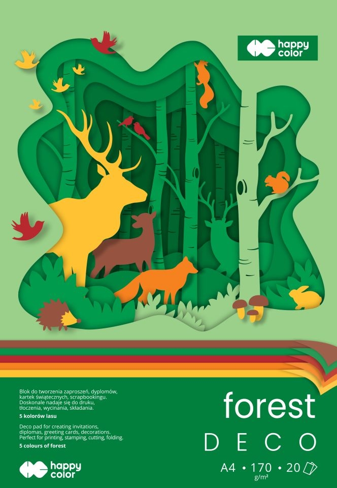 <img src='https://webimage.pl/pics/846/8/dHA-7842-2030-FR.jpg' style='height:440px' /> Happy Color, Blok Hobby Deco Forest 170 g/m2, A4/20 ark., 5 kolorów