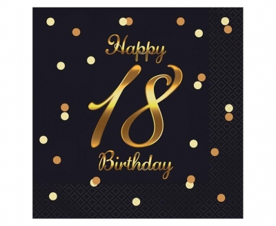Serwetki Happy 18 Birthday czarne 33x33cm 20szt