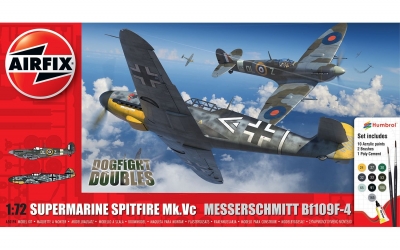 <img src='https://webimage.pl/pics/848/8/d5063129028848.jpg' style='height:440px' /> Zestaw modelarski z farbami Airfix 2 Samoloty Spitfire Mk.Vc vs Bf109F-4