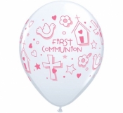 Balon gumowy Godan Pierwsza komunia pastel biały z różowym nadrukiem 1op/25szt. biały 280 mm 11cal (60985)