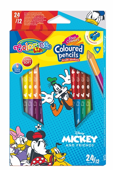 <img src='https://webimage.pl/pics/854/9/d5907620189854.jpg' style='height:440px' /> Kredki ołówkowe trójkątne Colorino Kids 24 kolorów 12 sztuk z temperówką Mickey