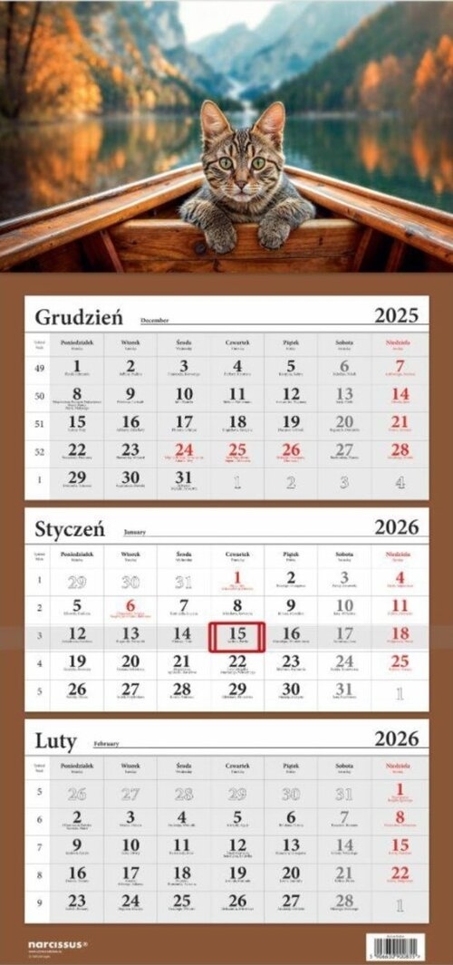 Kalendarz 2026 Trójdzielny LUX Kot w łódce