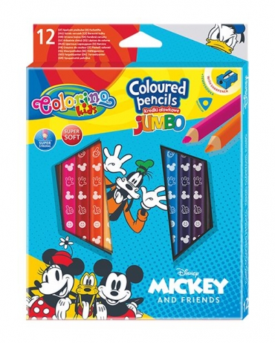 <img src='https://webimage.pl/pics/861/9/d5907620189861.jpg' style='height:440px' /> Kredki ołówkowe trójkątne jumbo Mickey Colorino Kids 13 kolorów 12 sztuk z temperówką